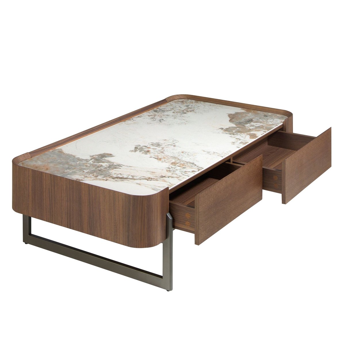 Table basse rectangulaire en marbre de porcelaine, noyer et acier métallique foncé blanc | acier foncé | noyer, ANGEL CERDA