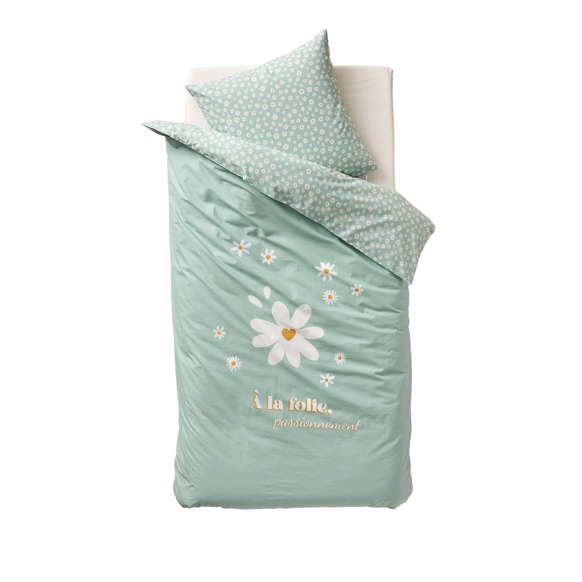 Parure housse de couette et taie d'oreiller MARGUERITE bleu imprimé, VERTBAUDET