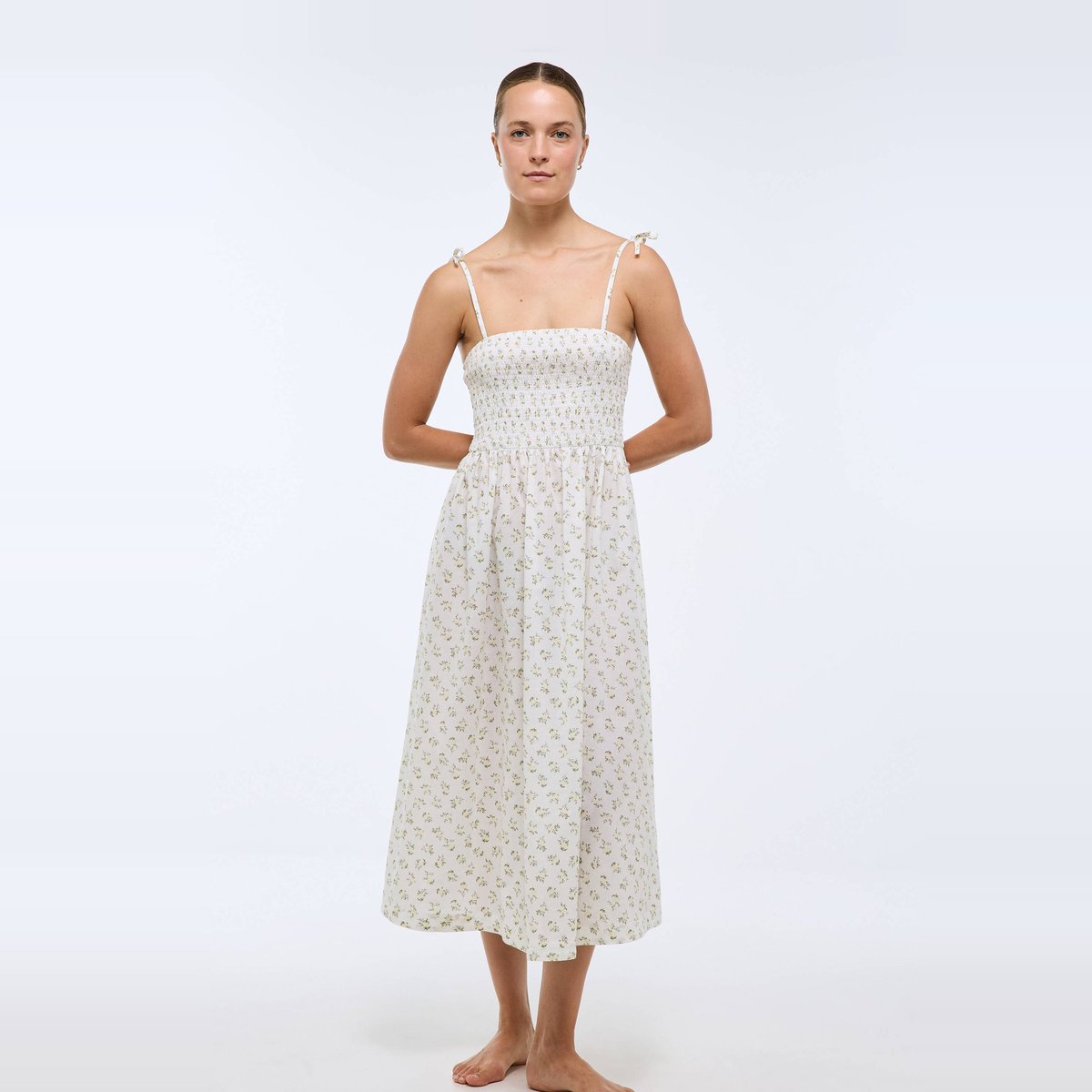 Chemise de nuit à bretelles imprimée en coton blanc, MONOPRIX