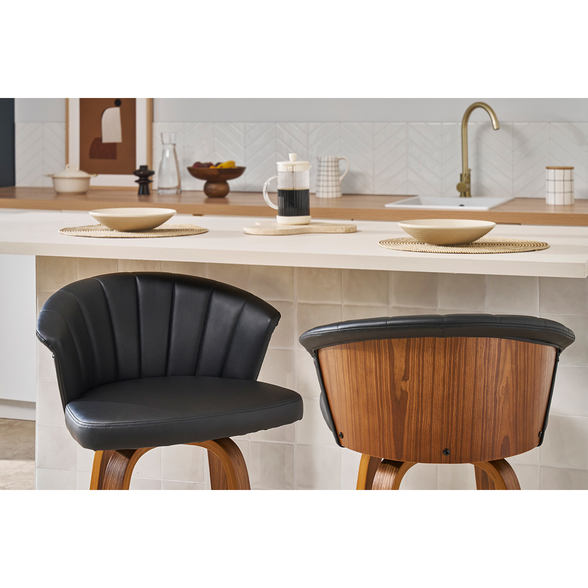 Tabouret de bar design pivotant H65cm ALBIN noyer / noir, MILIBOO