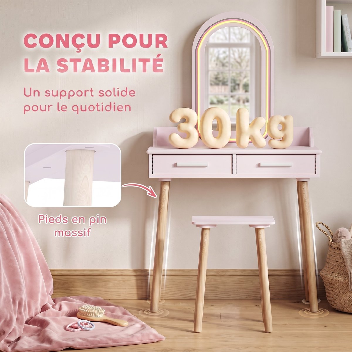Ensemble de coiffeuse pour enfants MDF Rose rose, blanc, AIYAPLAY