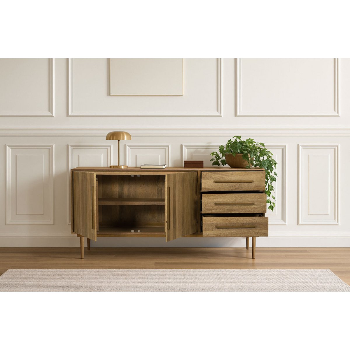 Buffet bas en bois massif 2 portes 3 tiroirs 180 cm, BRUGES marron clair, BOBOCHIC