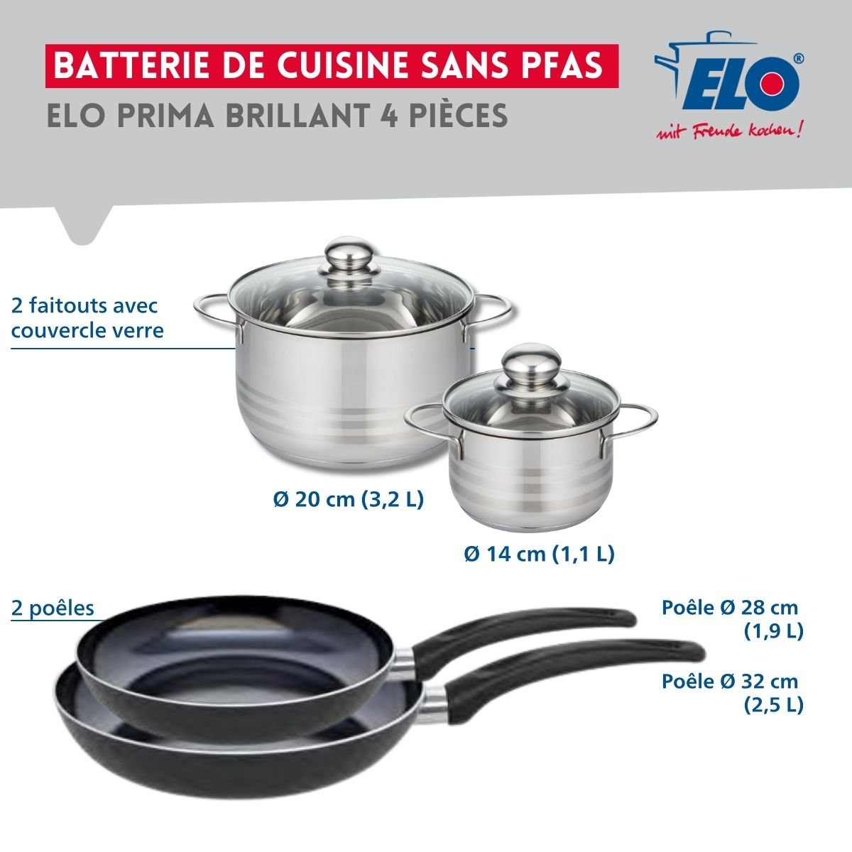 Batterie 2 poêles 28/32cm + 2 faitouts 14/20cm PRIMA BRILLANT noir, ELO