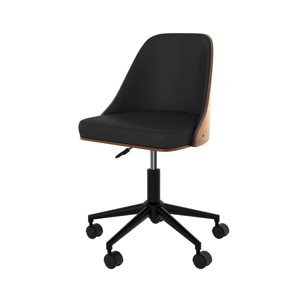 Chaise de bureau pivotante sur roulettes en bois et PU - GEORGES noir et bois foncé, MAISON PAVANE