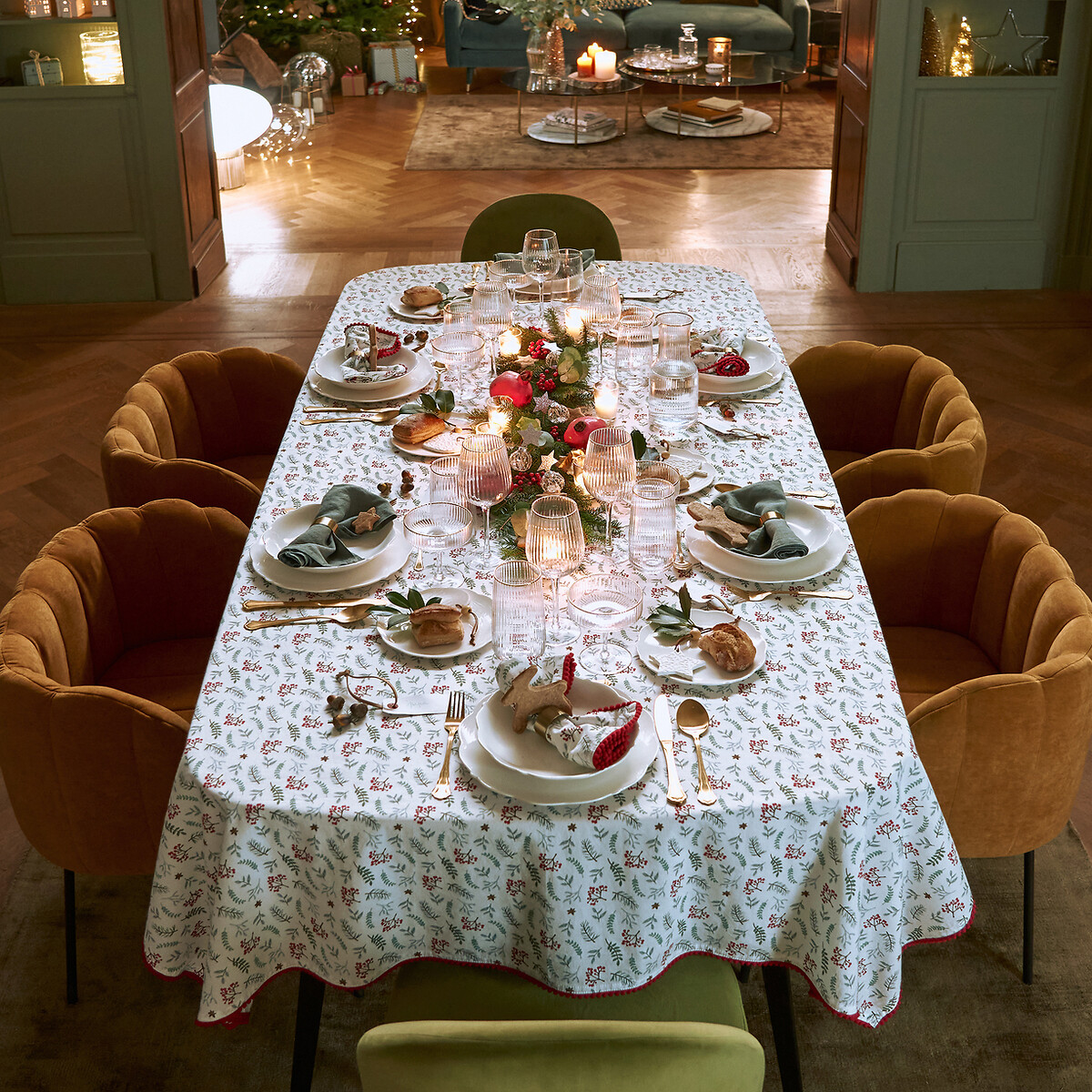 Nappe coton lavé, Winter berry fond blanc/imprimé, LA REDOUTE INTERIEURS