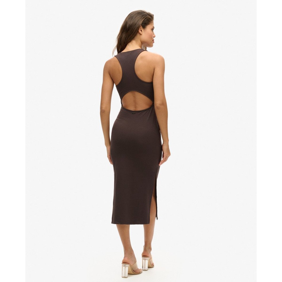 Robe mi-longue en jersey à encolure dégagée chêne marron foncé, SUPERDRY