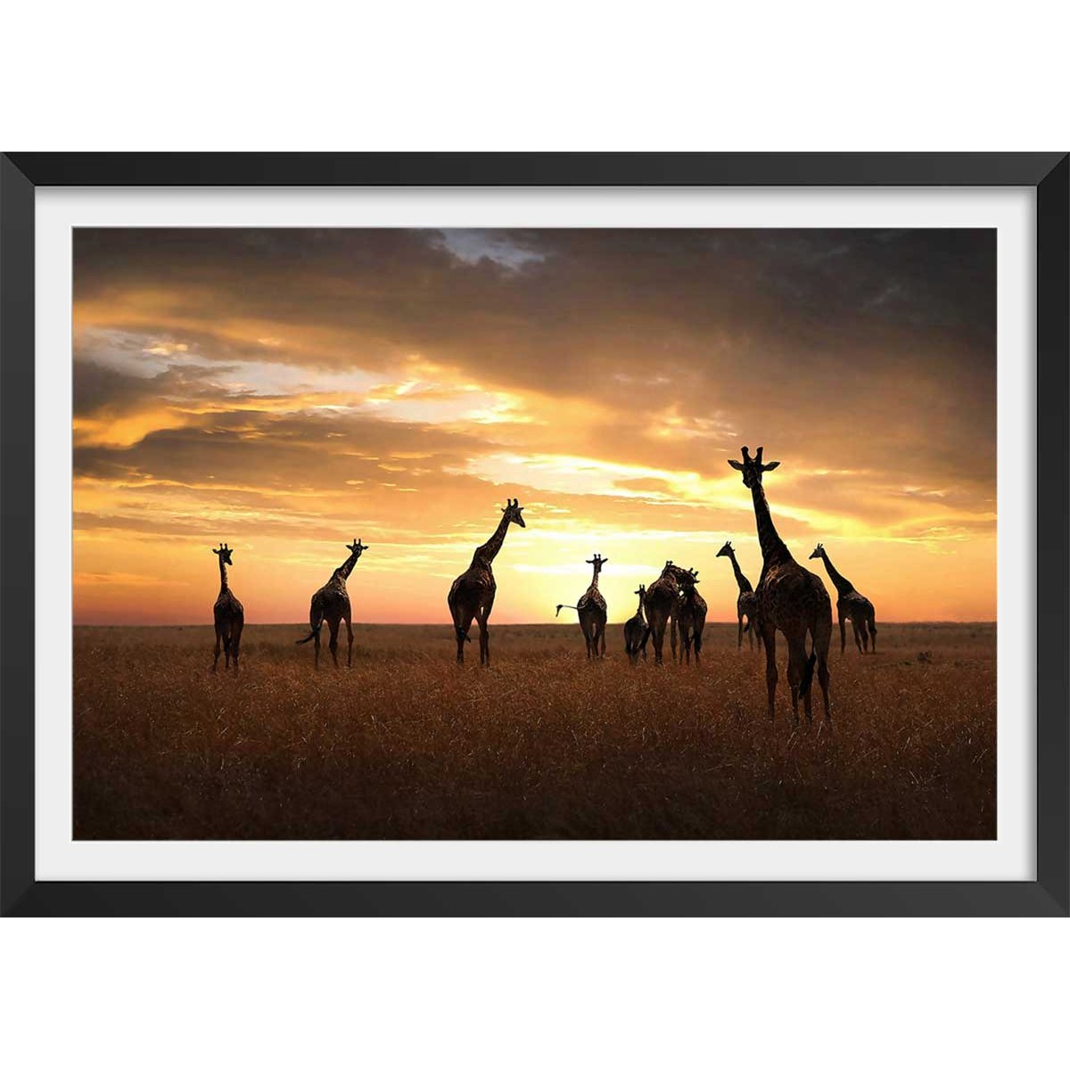 Affiche animaux girafes family affiche + cadre en bois - noir, HEXOA
