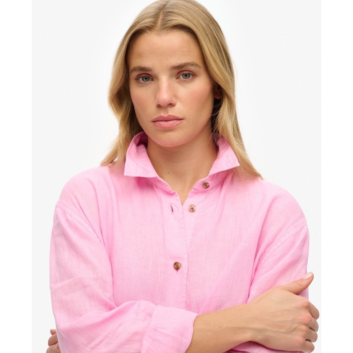 Chemise boyfriend décontractée en lin rose côtier, SUPERDRY