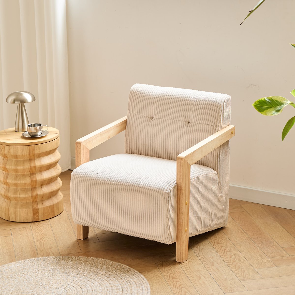 Fauteuil de salon en bois massif et velours côtelé, LERWICK beige, NORDLYS