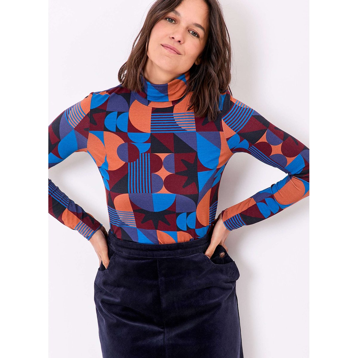 T-shirt col roulé imprimé fluide RON bleu marron, PRINCESSE NOMADE