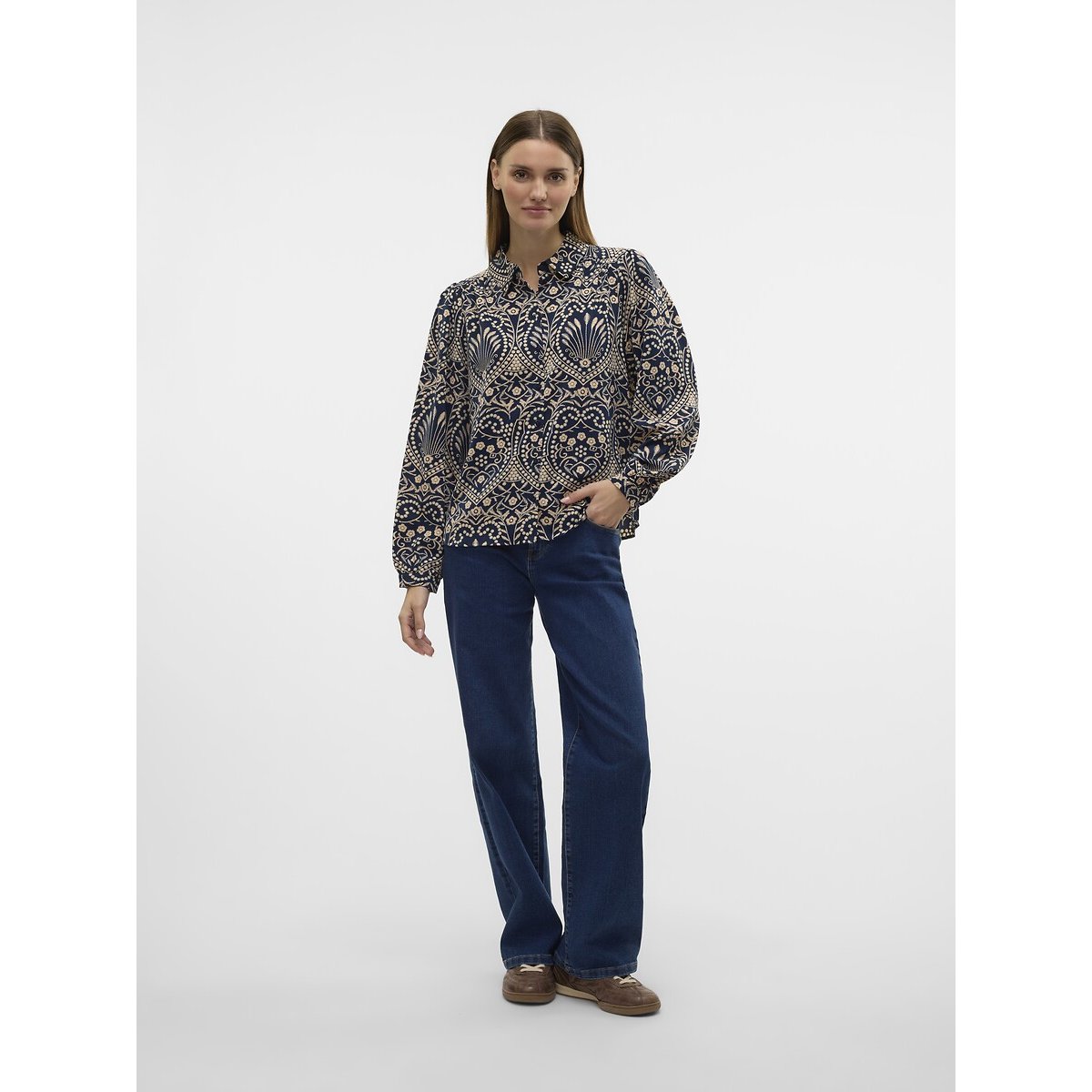 Printed Shirt with Round Collar navy/ecru, VERO MODA