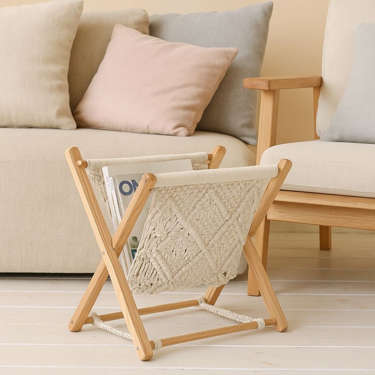 Porte revues pliable macramé beige, ORNAMI