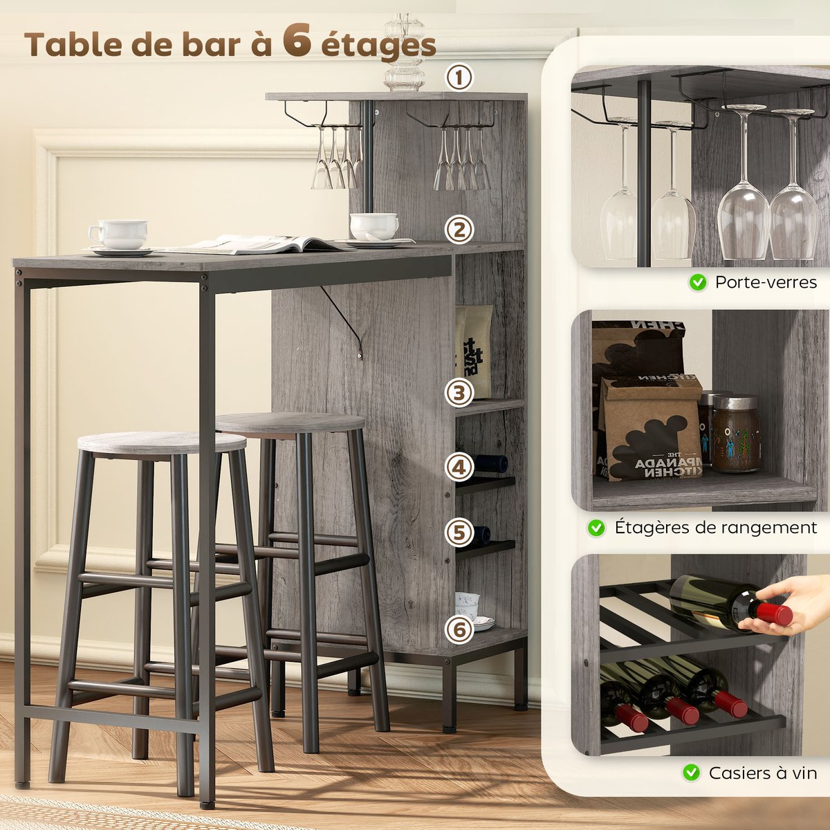 Ensemble de table de bar MDF Bois naturel bois naturel, noir, HOMCOM