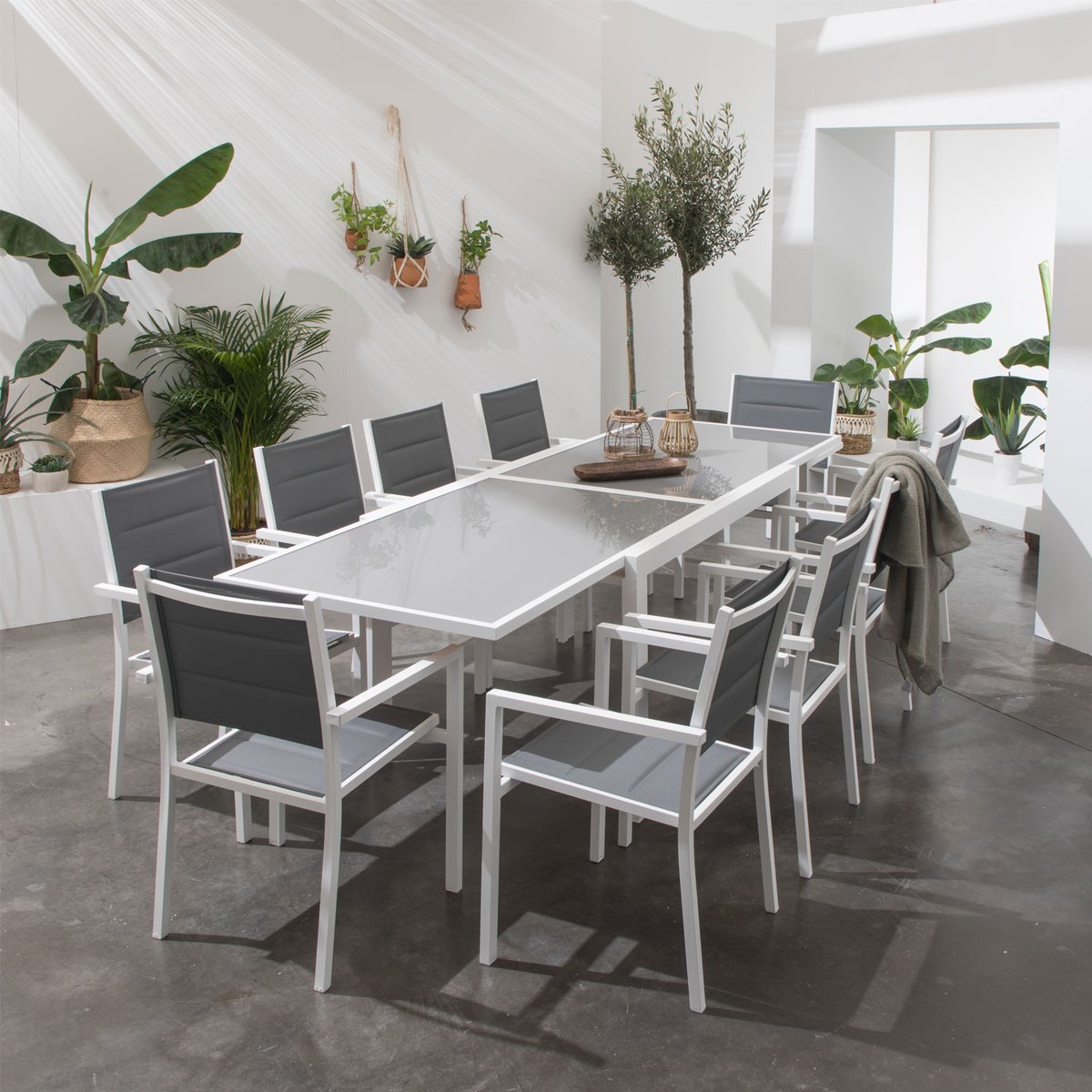Salon de jardin, extensible, 10 pl, LAMPEDUSA blanc, HAPPY GARDEN