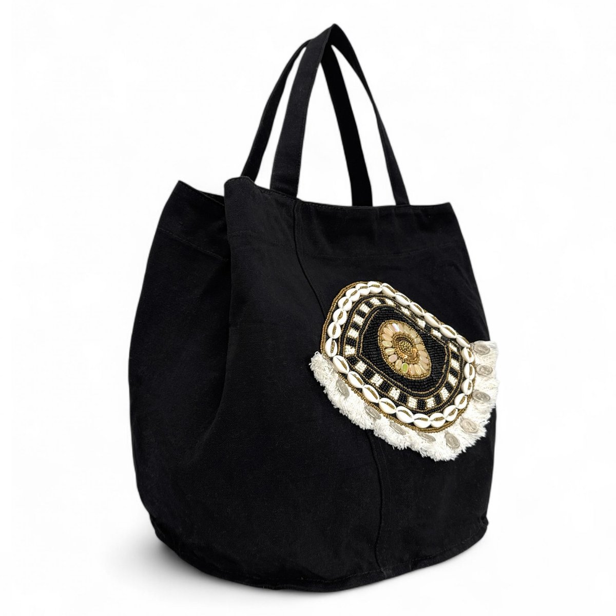 Grand sac en coton, et perles I SEA YOU noir, OH MY BAG