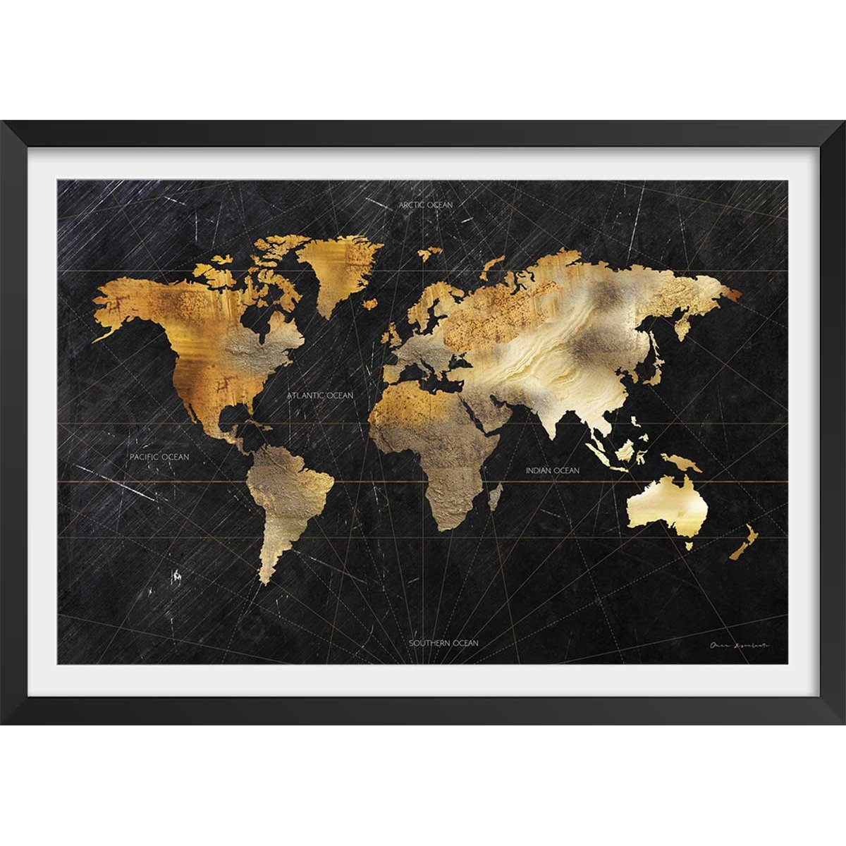 Affiche carte du monde dorée affiche + cadre en bois - noir, HEXOA