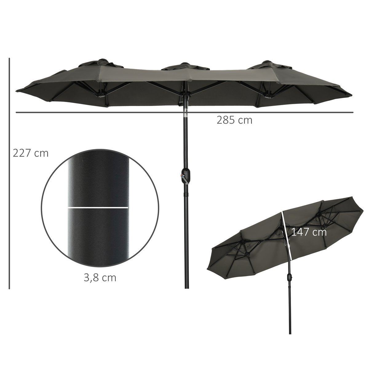 Parasol de jardin XL manivelle acier polyester haute densité gris, OUTSUNNY