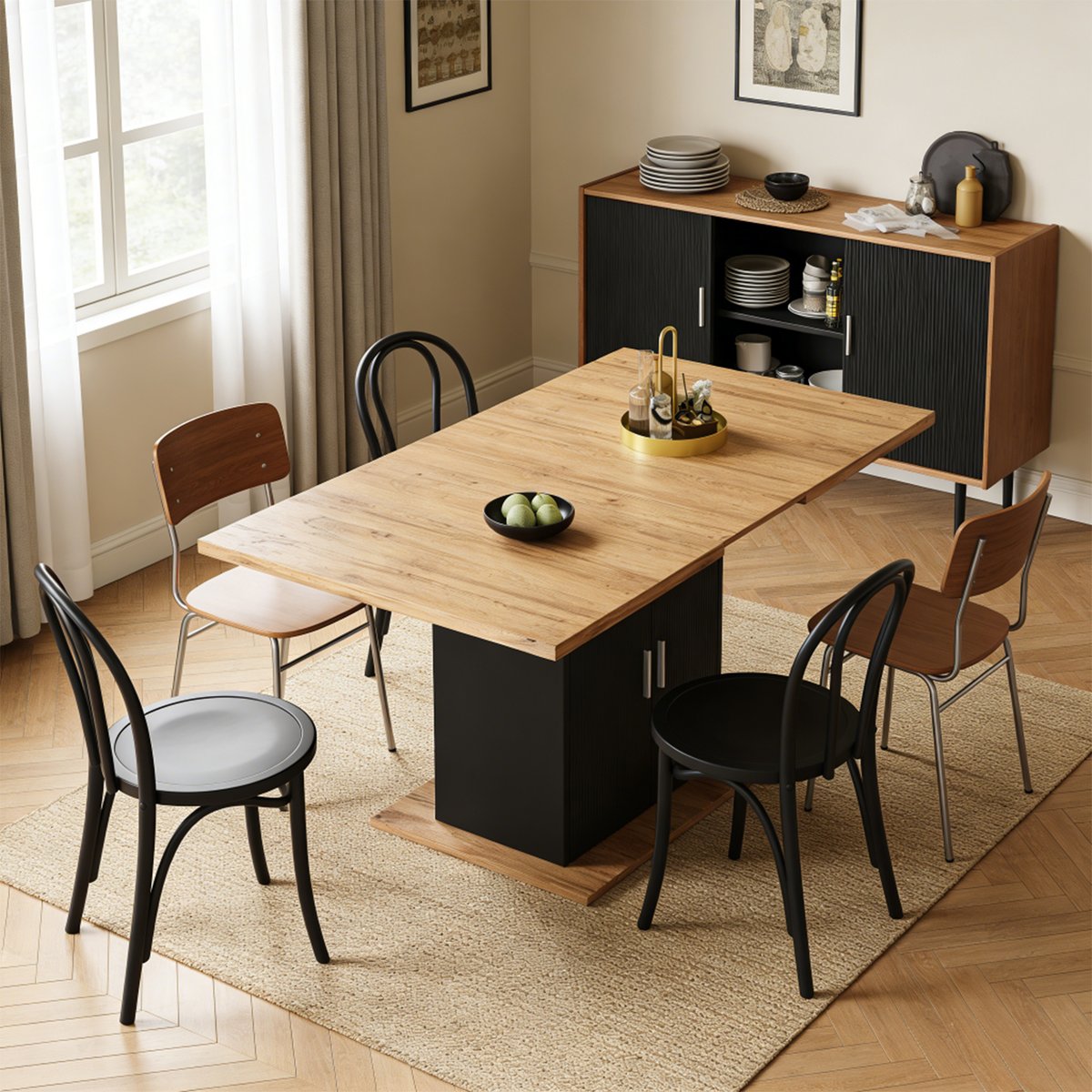 Table à manger extensible à allonge papillon intégrée, ZARAE chêne, MEUBLES COSY