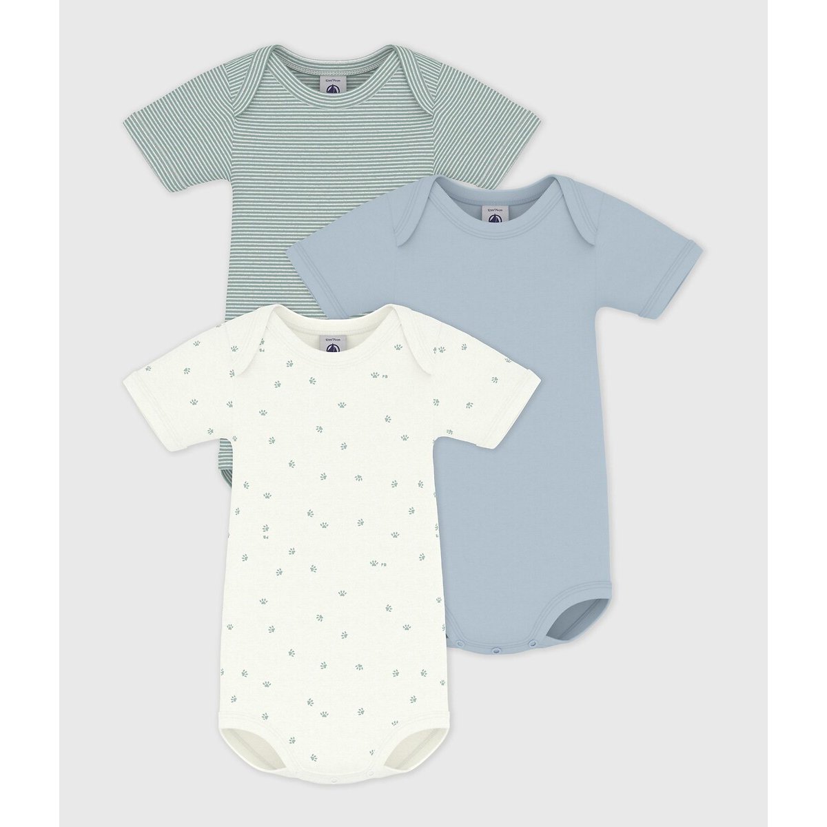 Lot de 3 bodies manches courtes blanc + bleu + vert, PETIT BATEAU