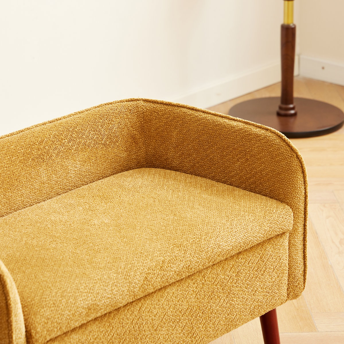 Banc coffre, bois massif et tissu, KIRKENES jaune moutarde, NORDLYS