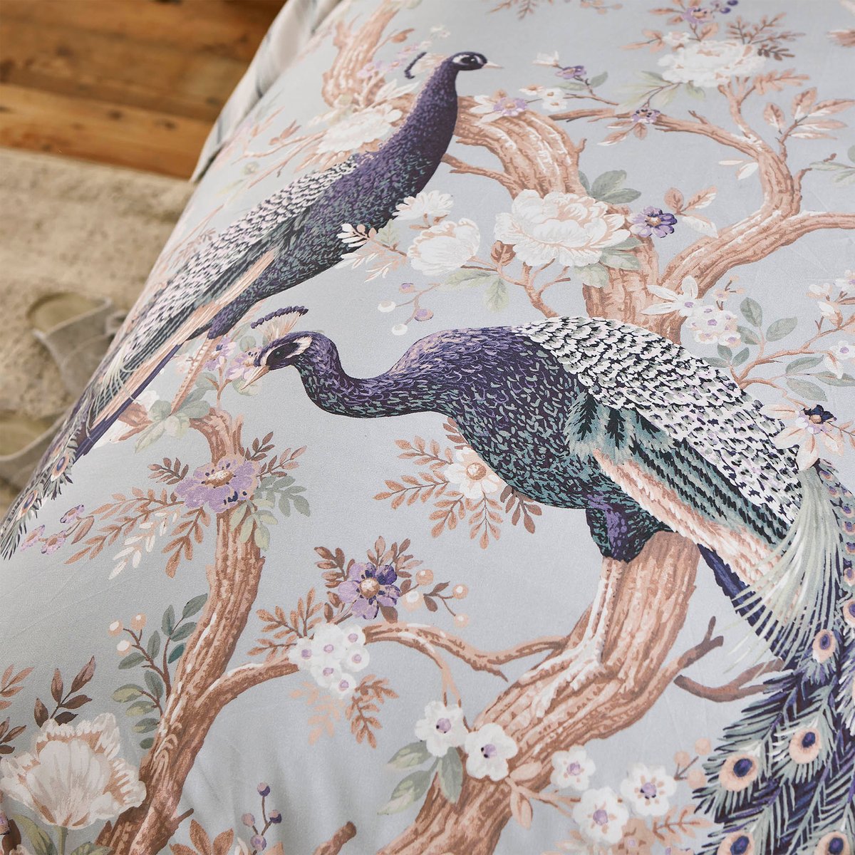 Parure de lit fleurie Paons majestueux, housse de couette + 2 taies pour lit en 140 bleu-vert pastel, LAURA ASHLEY