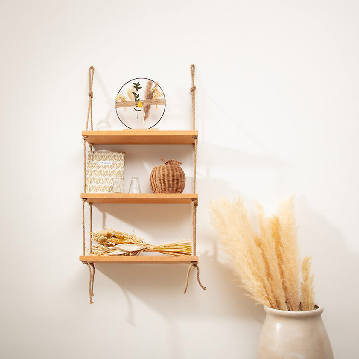 Étagère murale 3 tablettes en bois et corde BLAISE beige, ATMOSPHERA