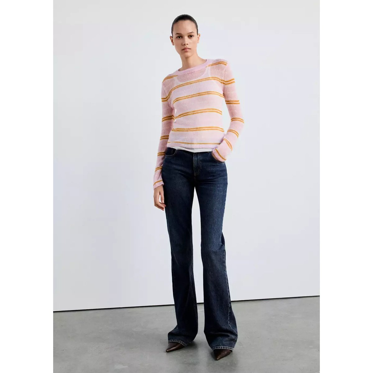 Pull en maille fine à rayures rose pastel, MANGO