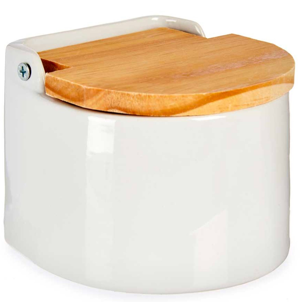 Pot à sel en céramique blanc et couvercle bambou 11x11x9cm blanc, WADIGA