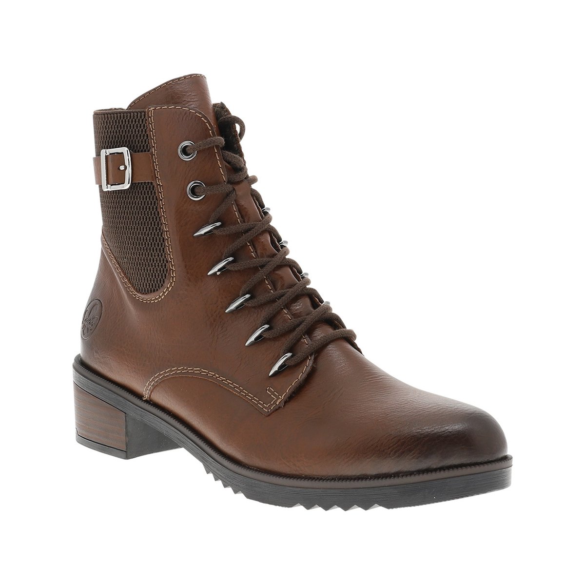 Bottines marron à talon décroché moyen munies de lacets et d'un zip latéral marron, RIEKER