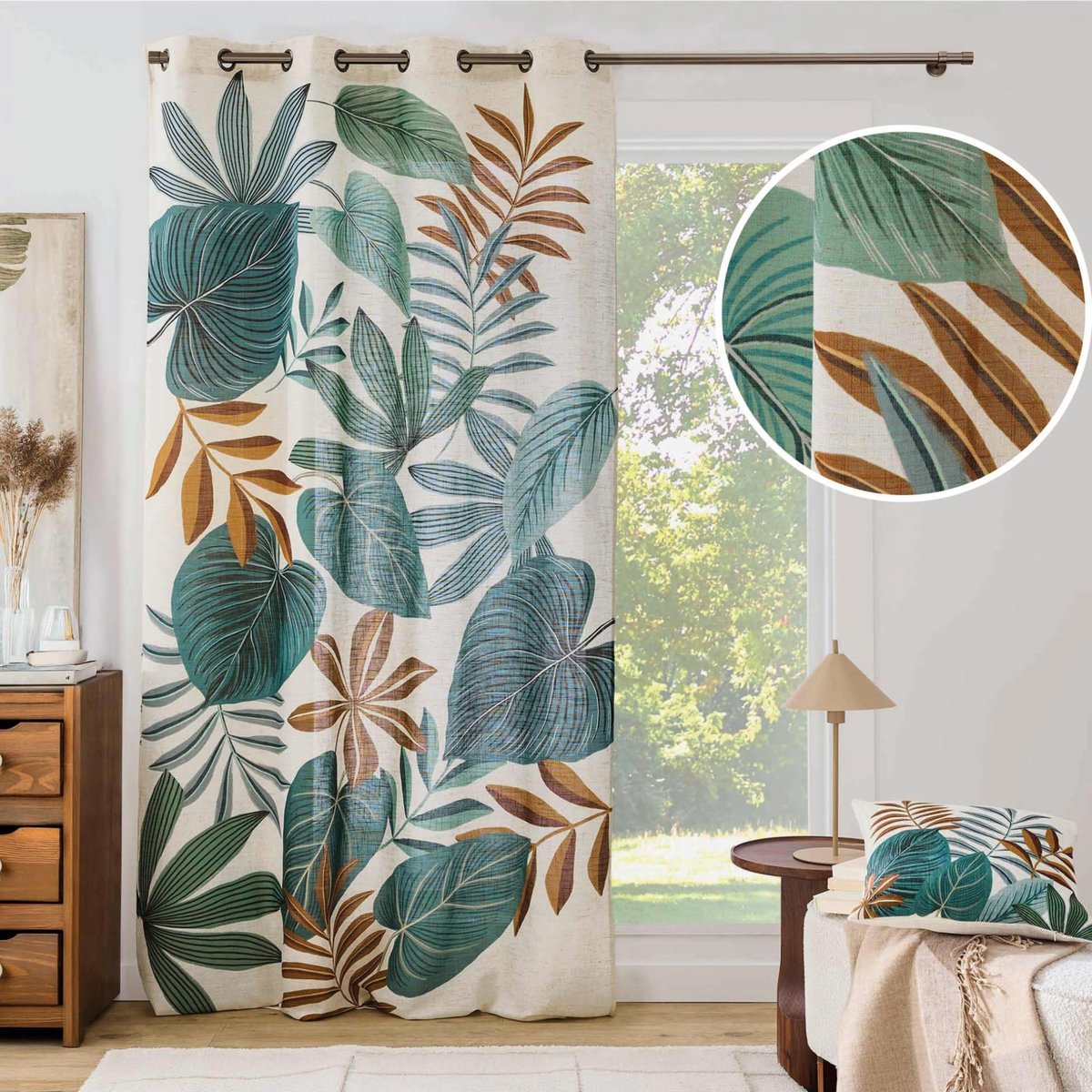 Rideau tamisant à œillets en poly-lin imprimé à motif tropical vert, DOUCEUR D'INTÉRIEUR