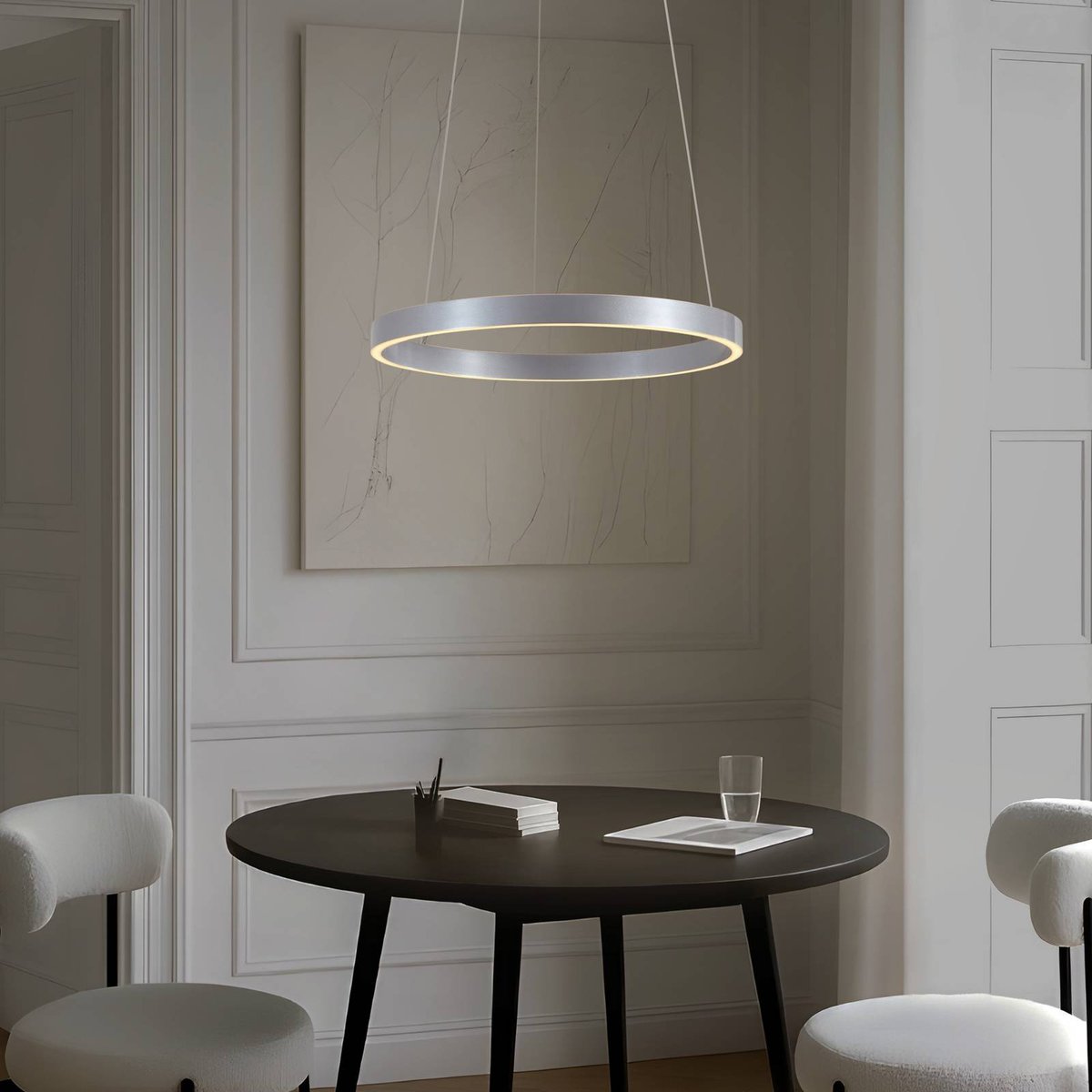Suspension en métal moderneLED, Yonam couleur aluminium, blanc, LUCANDE