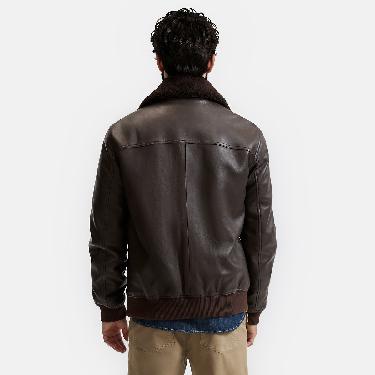 Blouson aviateur en cuir lisse col sherpa rouge cuivre, LA REDOUTE COLLECTIONS