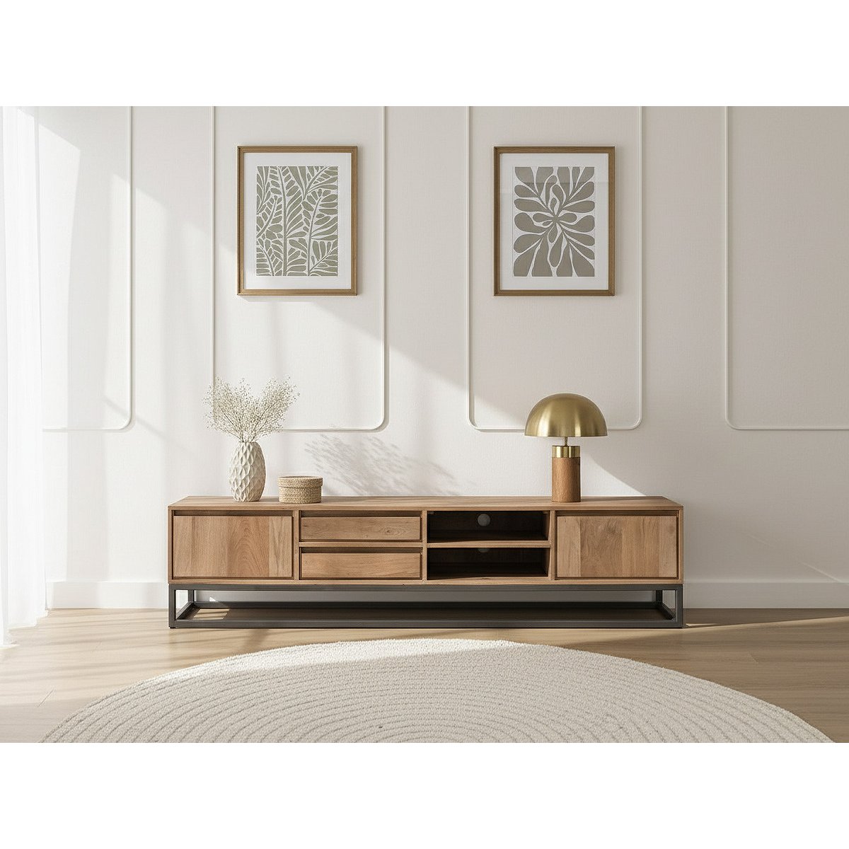 Meuble TV 200 cm bois massif, BERGERAC marron clair, BOBOCHIC
