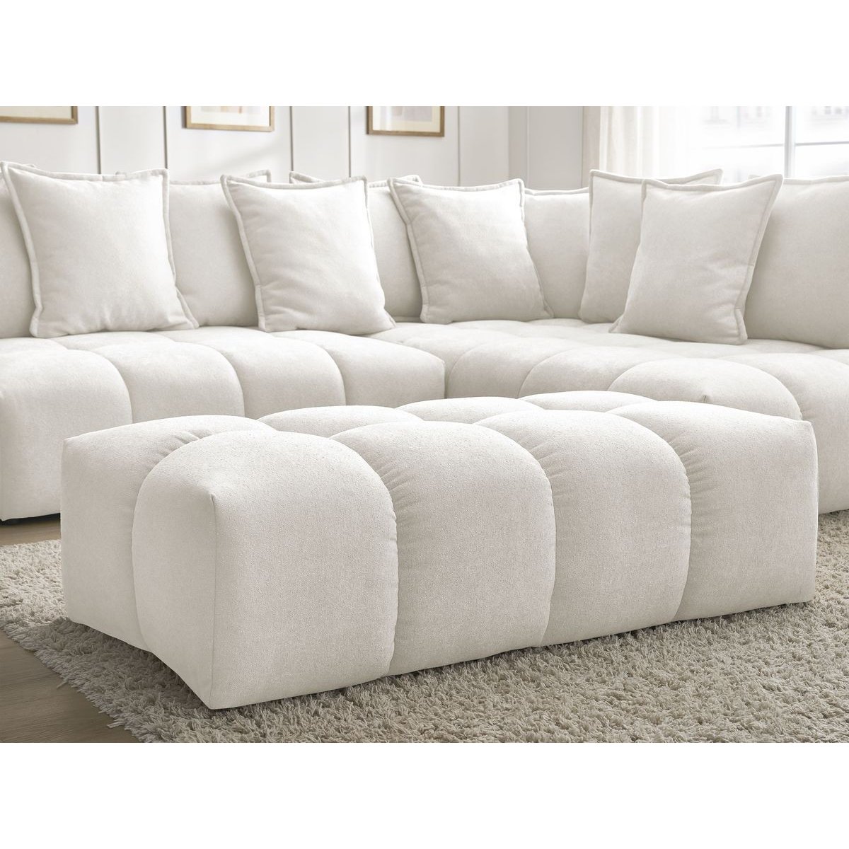 Canapé d'angle convertible 4 places en tissu texturé avec pouf, EVEREST blanc, BOBOCHIC