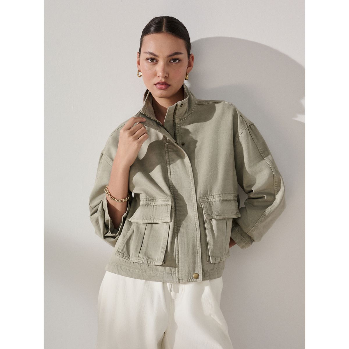 Veste en coton à 2 poches et col cheminée vert kaki, NEXT