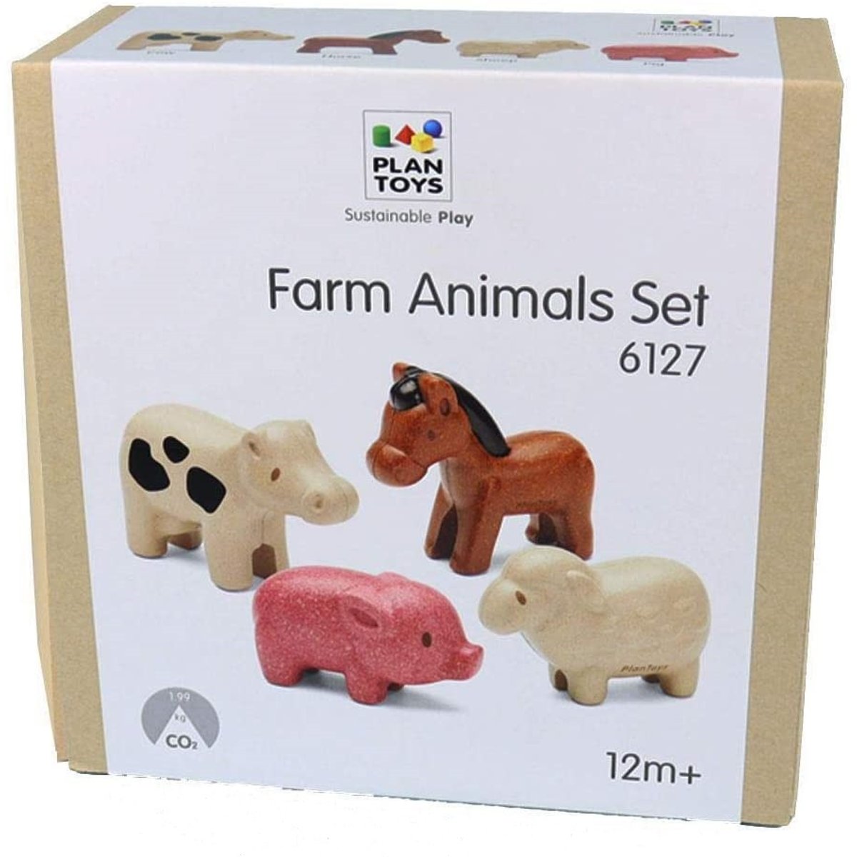 Lot de 4 figurines animaux de la ferme marron, blanc, rose, PLAN TOYS