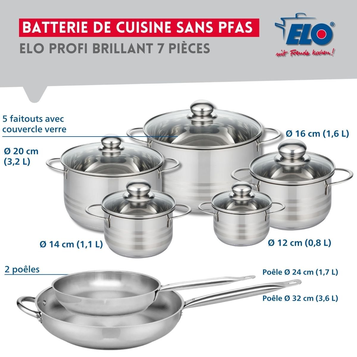 2 poêles 24/32cm + 5 faitouts 12/14/16/20/24cm PROFI BRILLANT gris, ELO