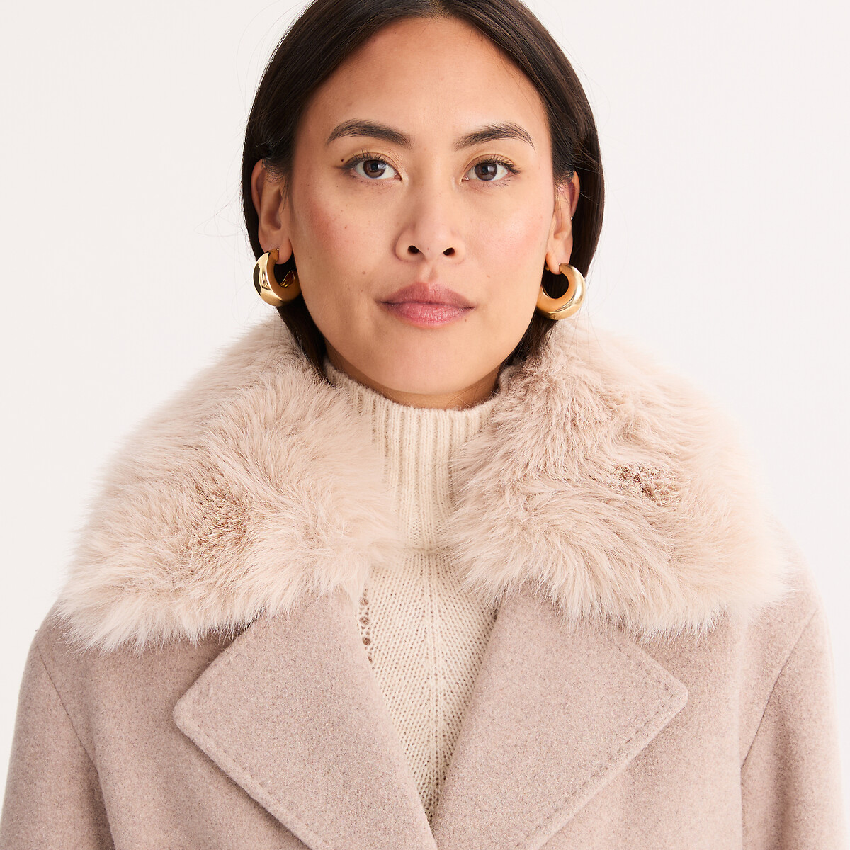 Cappotto in misto lana, con collo morbido e rimovibile beige chiné, ANNE WEYBURN