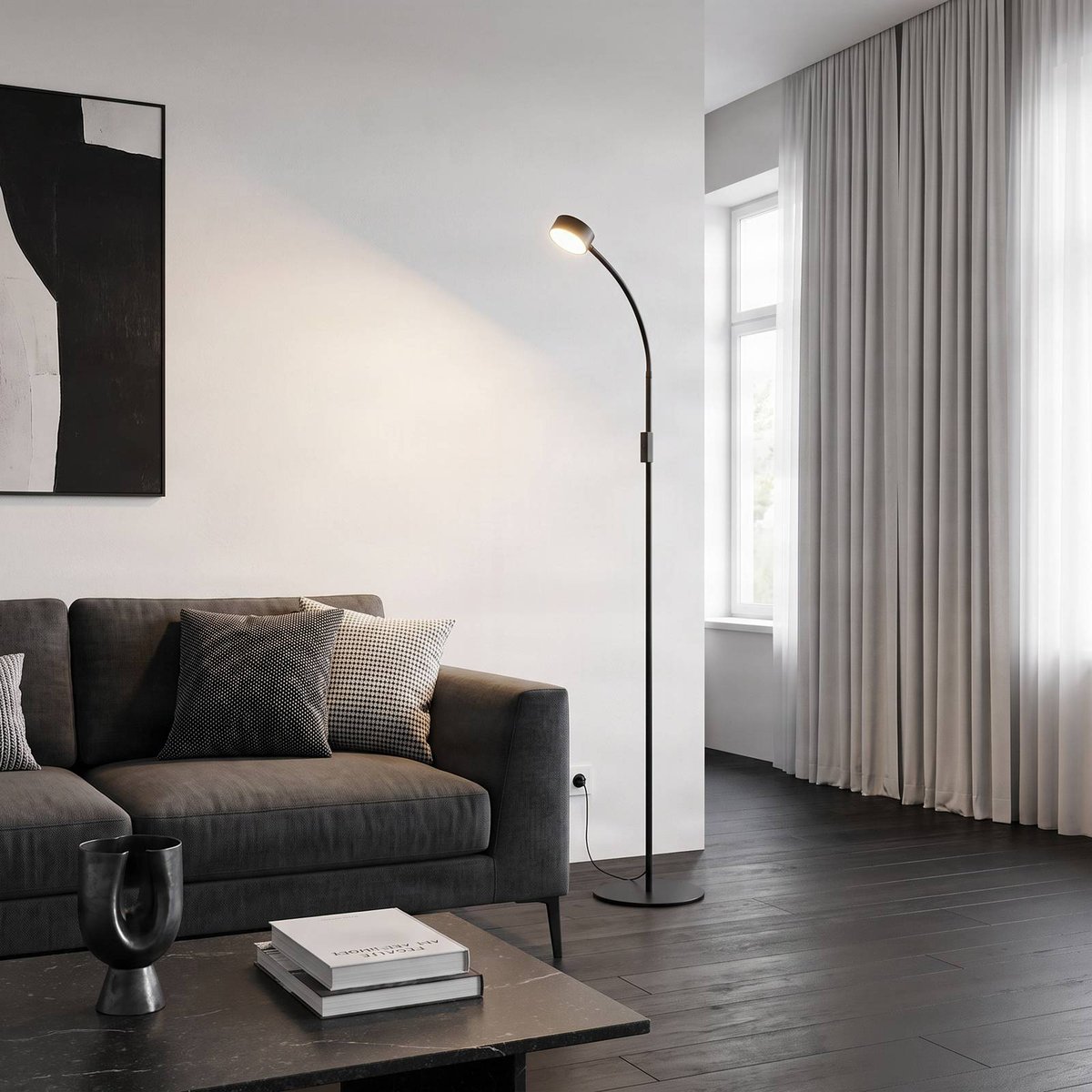 Lampadaire en métal moderneLED, Maori noir, LINDBY