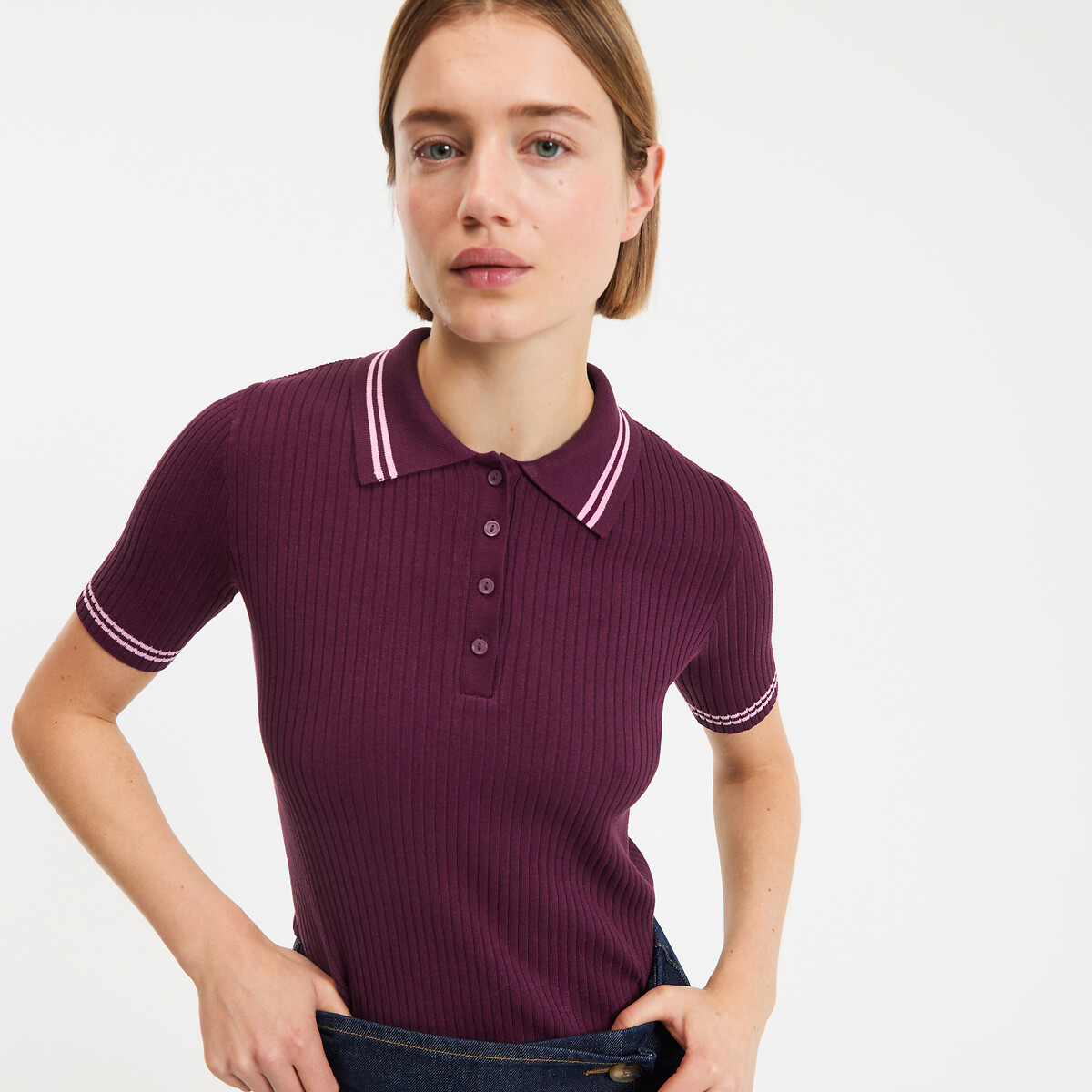 Pull col polo, manches courtes, en fine maille côtelée violet prune, LA REDOUTE COLLECTIONS
