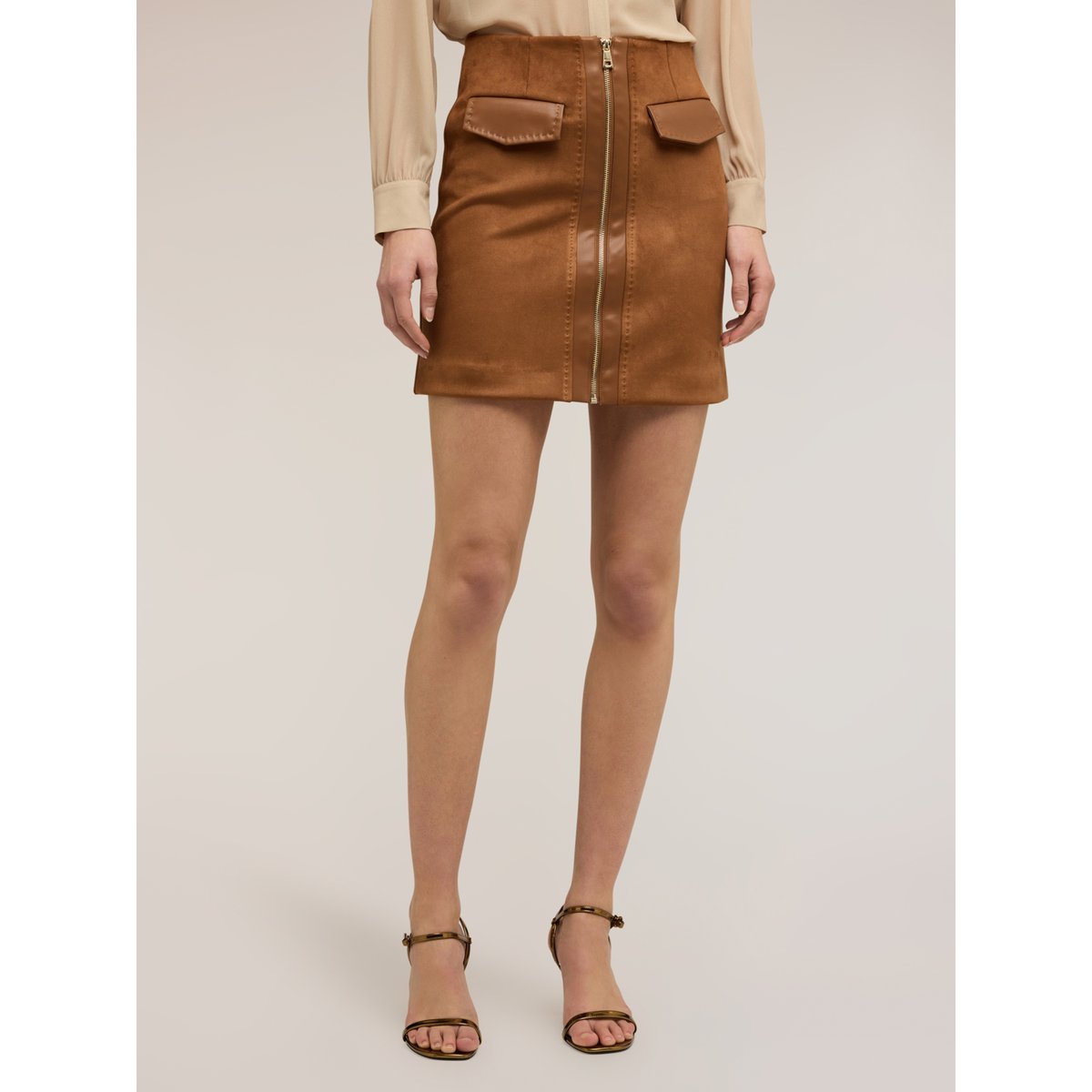 Mini-jupe ligne A avec zip marron, MOTIVI