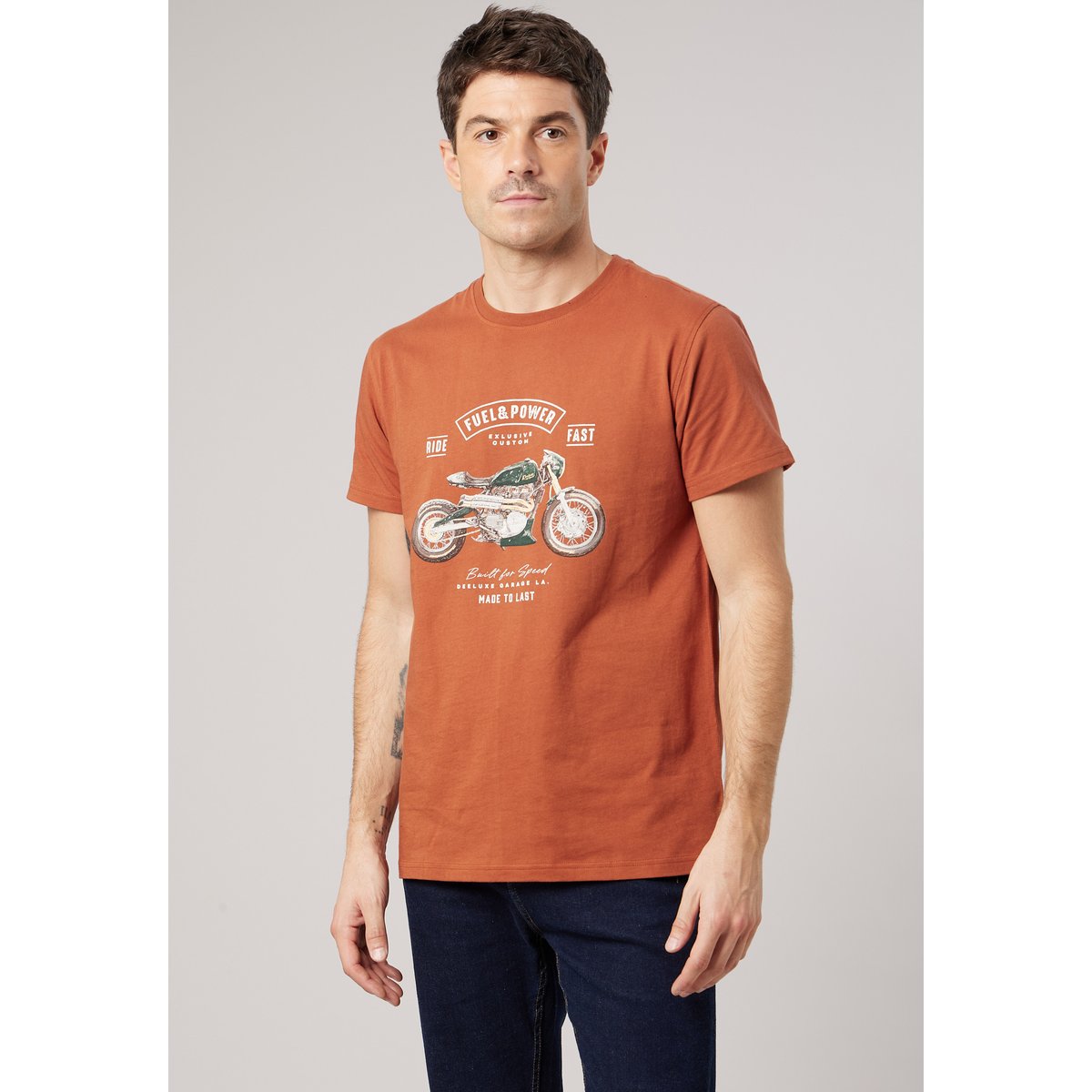 T-shirt regular homme en 100% coton jersey imprimé moto vintage AVENUE cognac, DEELUXE