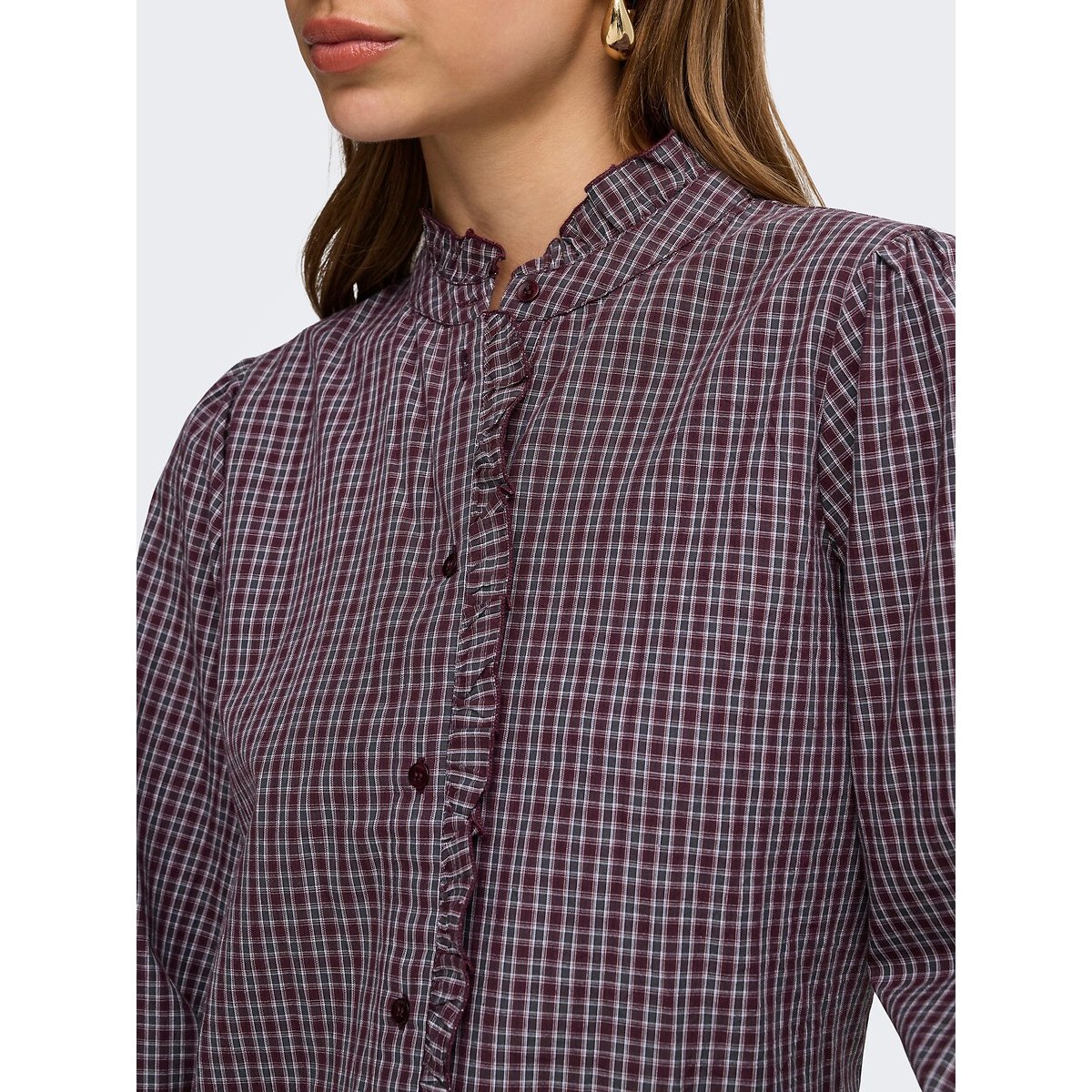 Checked Mandarin Collar Blouse printed burgundy, ONLY