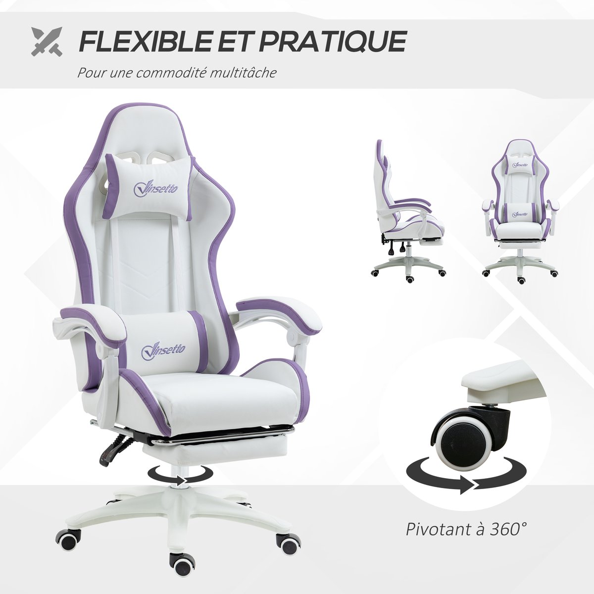 Fauteuil gaming Polyuréthane Blanc blanc, violet, HOMCOM