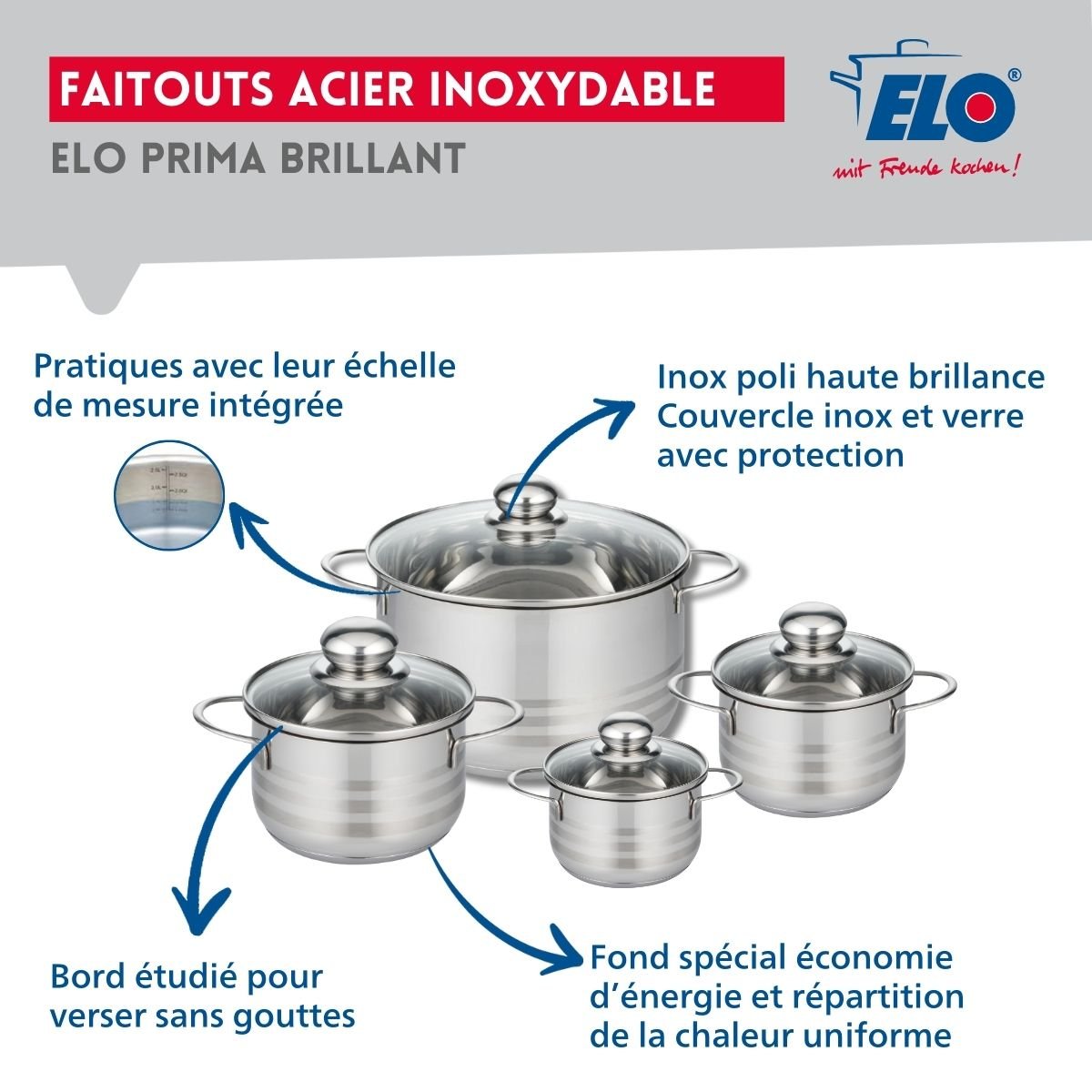 2 poêles 24/32cm + 4 faitouts 12/14/16/24cm PROFI BRILLANT gris, ELO