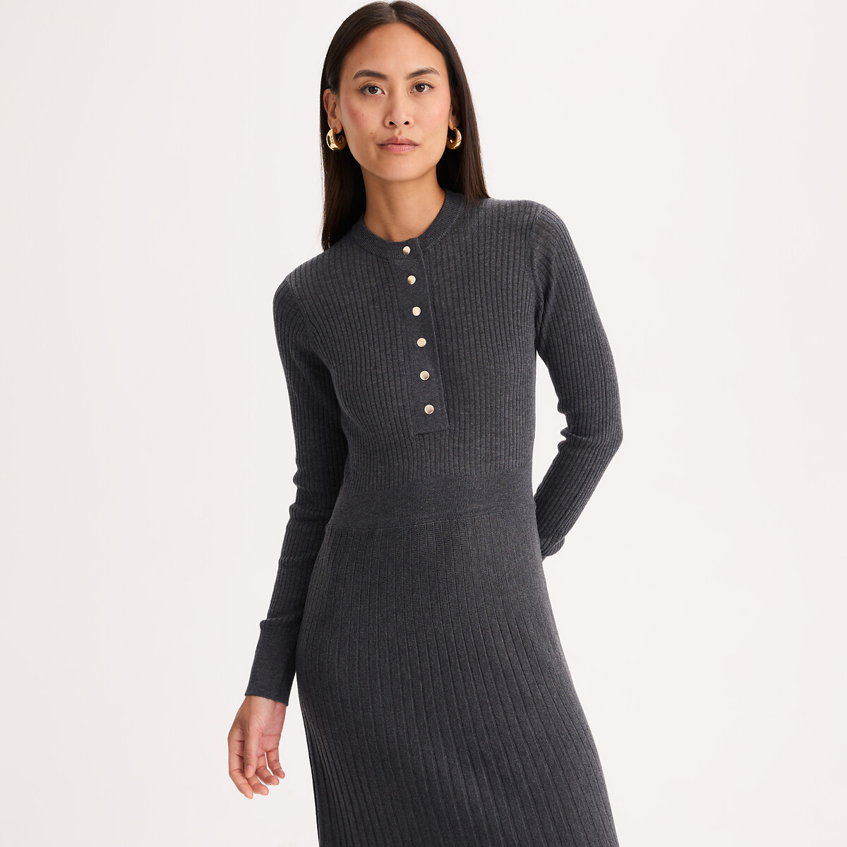 Robe col rond, longueur midi, en laine mélangée côtelée gris anthracite, ANNE WEYBURN