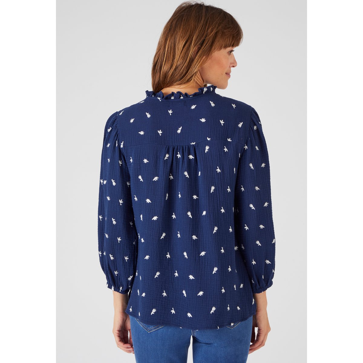 Blouse gaze pur coton brodée bleu marine, DAMART