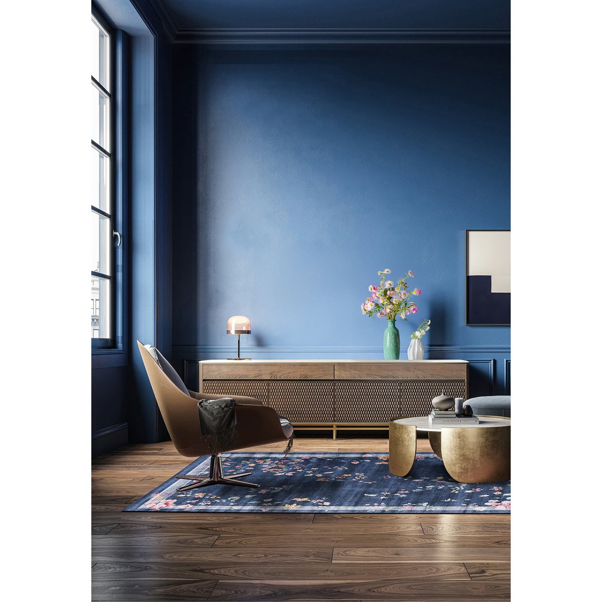 Tapis floral effet velours HORTENSE bleu naturel, AFK LIVING