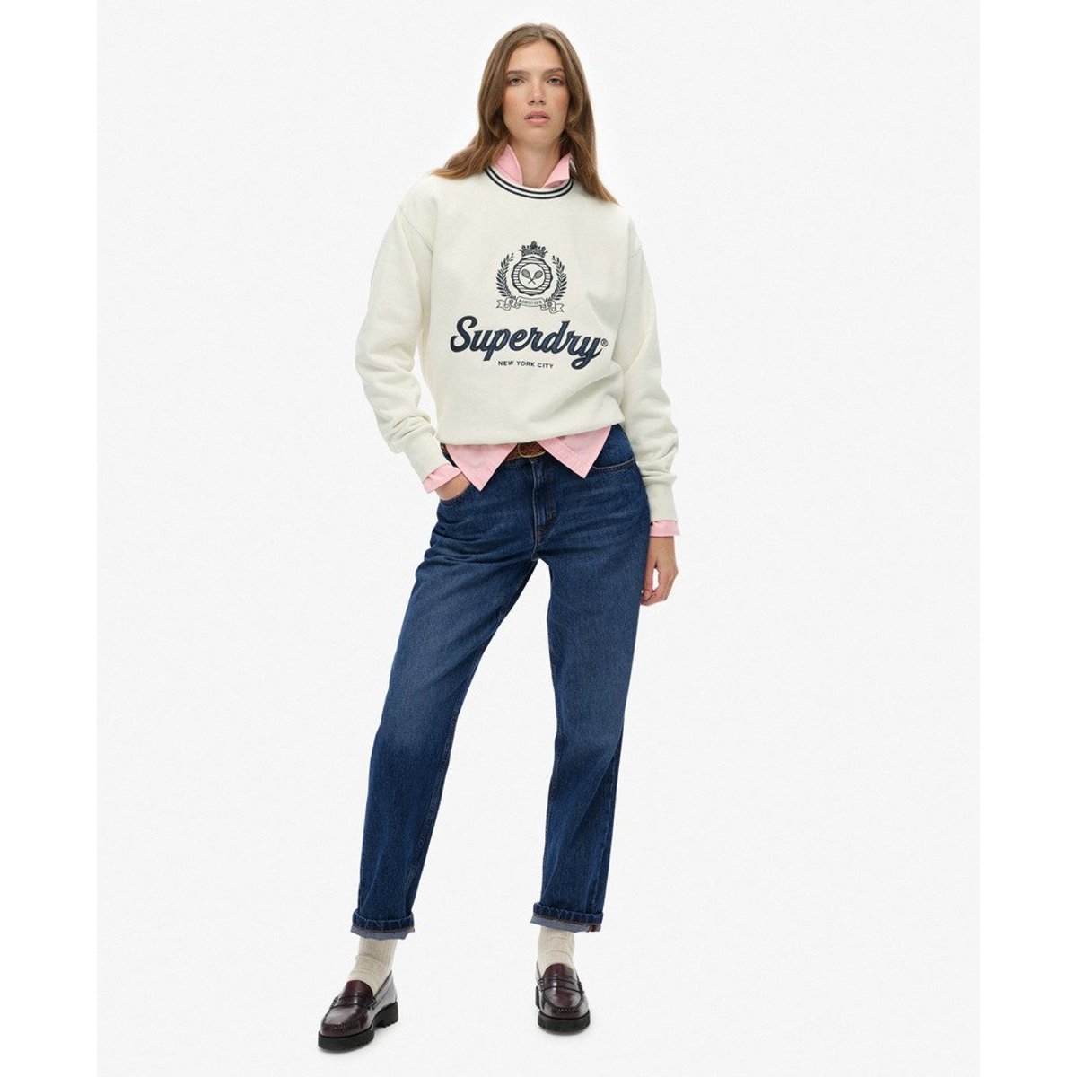 Sweat ample à col rond Country Club blanc cassé, SUPERDRY