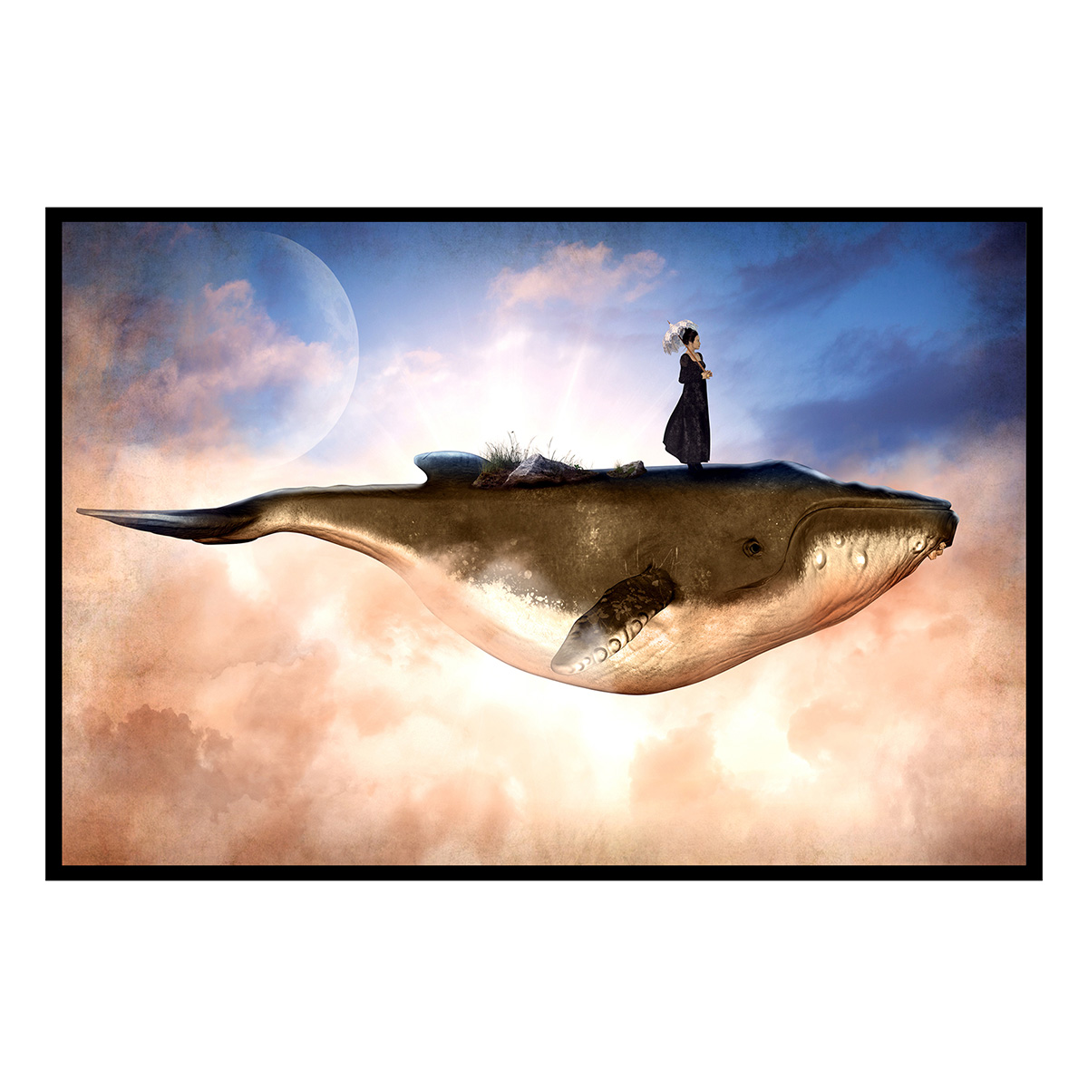 Affiche encadrée Femme debout sur une baleine volante affiche + cadre en métal - noir, HEXOA